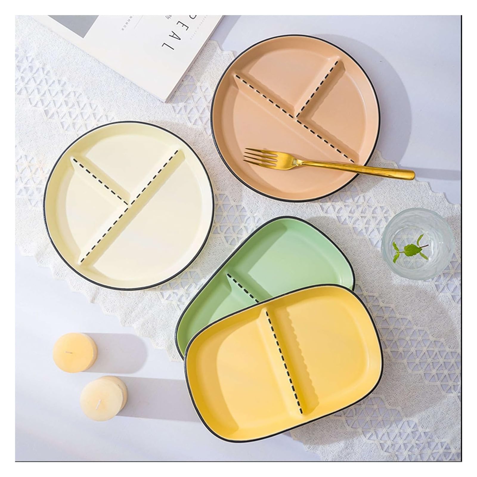 Assiettes plates rectangulaires en céramique avec compartiments pour adultes Vert