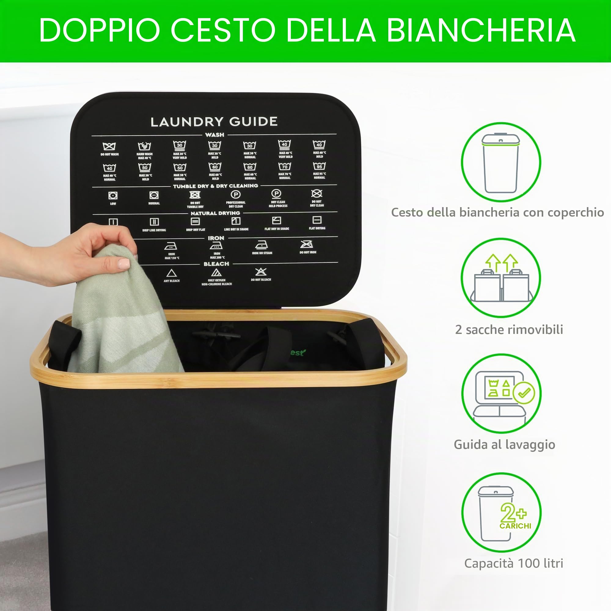 Nest Zest - Cesto portabiancheria doppio da 100L con coperchio, 2 scomparti per ordinare il bucato, cesto portabiancheria con guida per la cura e 2 sacchetti interni rimovibili, cesto per vestiti