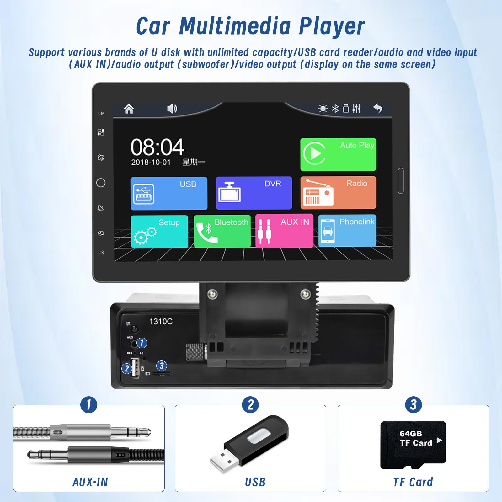 10.1 Zoll Carplay Radio Einstellbare 1 Din Autoradio mit Carplay Android Auto, Abnehmbarer 1080P Touchscreen 1 Din Radio Bluetooth/FM/SWC/Mirror Link/Rückfahrkamera/MIC/Support TF Karte