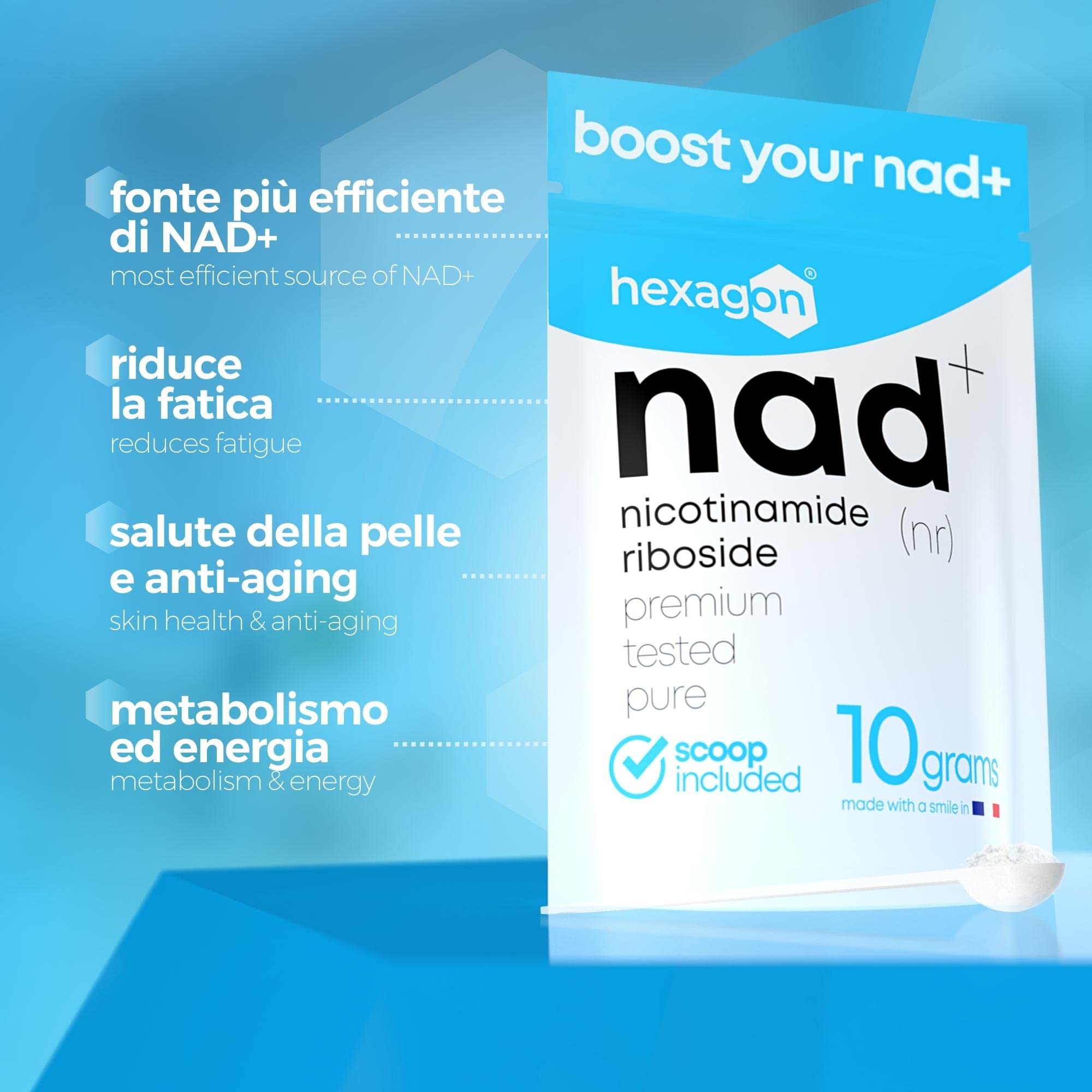 NAD+ Nicotinamide Riboside Chloride - Polvere 10 Grammi - +31 Giorni di Cura - Contro l'Età e la Stanchezza, NAD Booster - Made in France - Hexagon