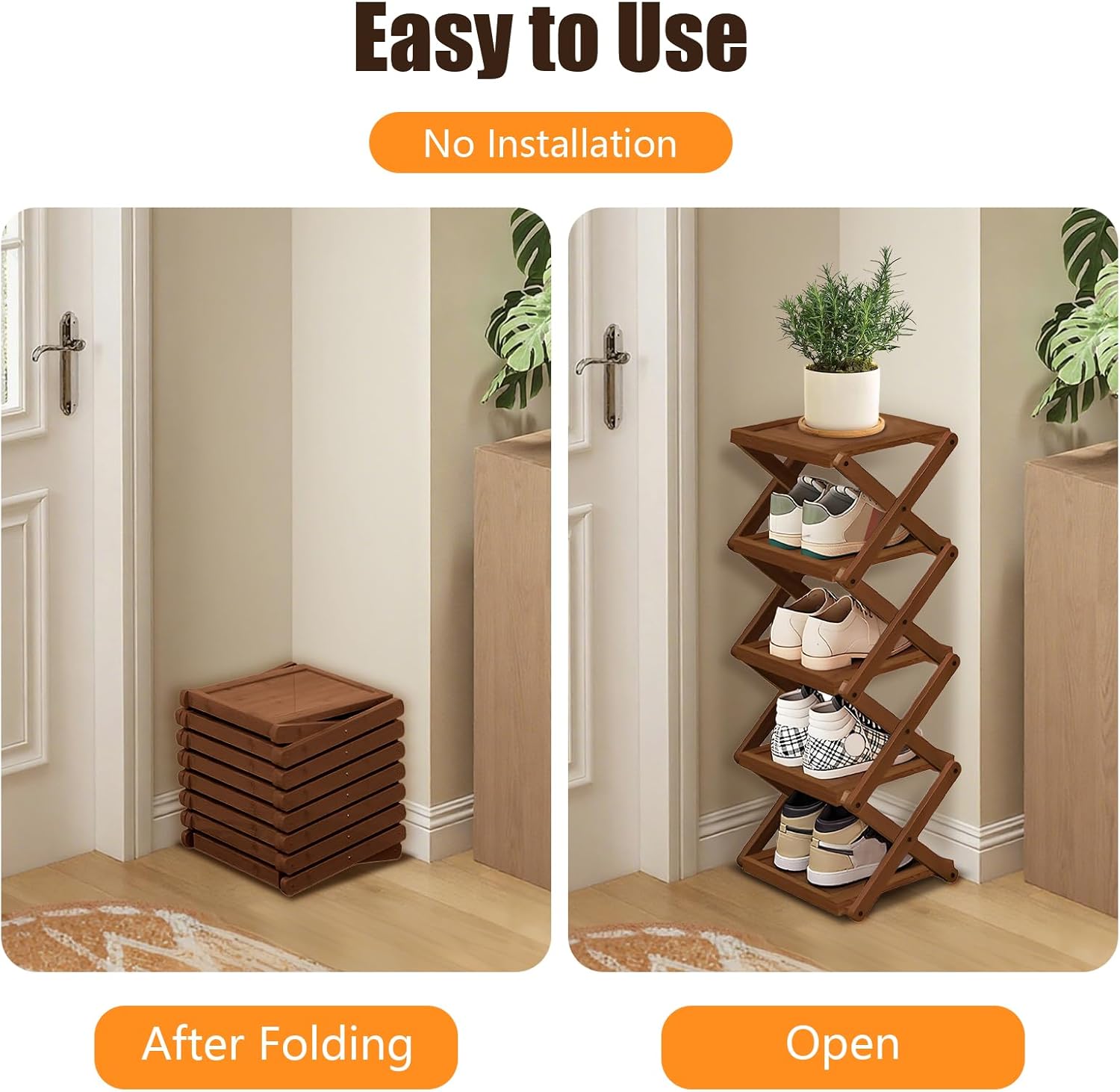 YYW Shoe Rack, Foldable Bamboo Shoes Shelf, Freestanding Shoe Storage Organiser for Entryway, Bedroom, Closet, Hallway - Functional, Natural Shoe Rack (Brown, 5 Layers)
