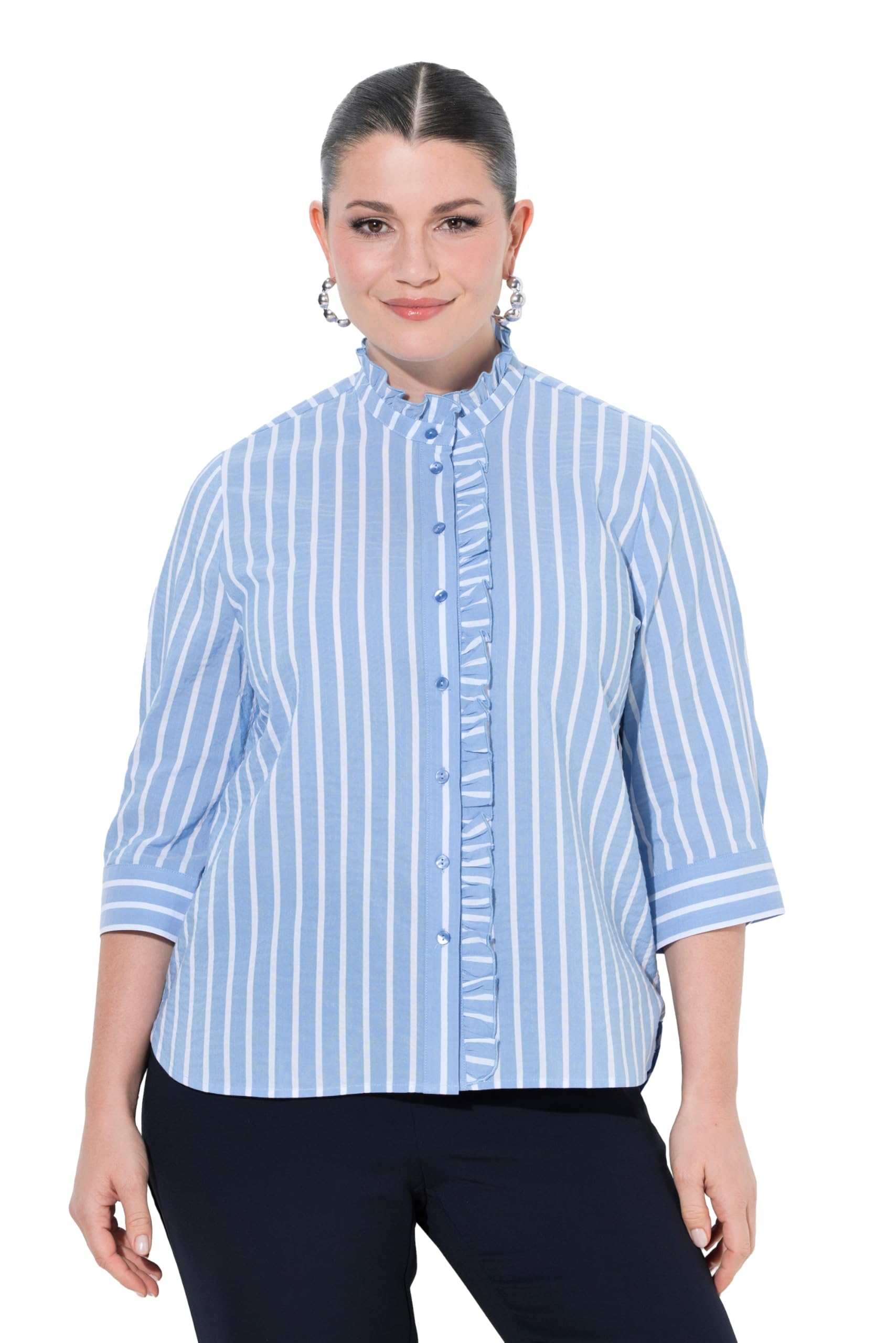 Ulla Popken Damen große Größen Übergrößen Plus Size Seersucker-Bluse, A-Linie, Stehkragen, 3/4-Arm, Rüschen 849078