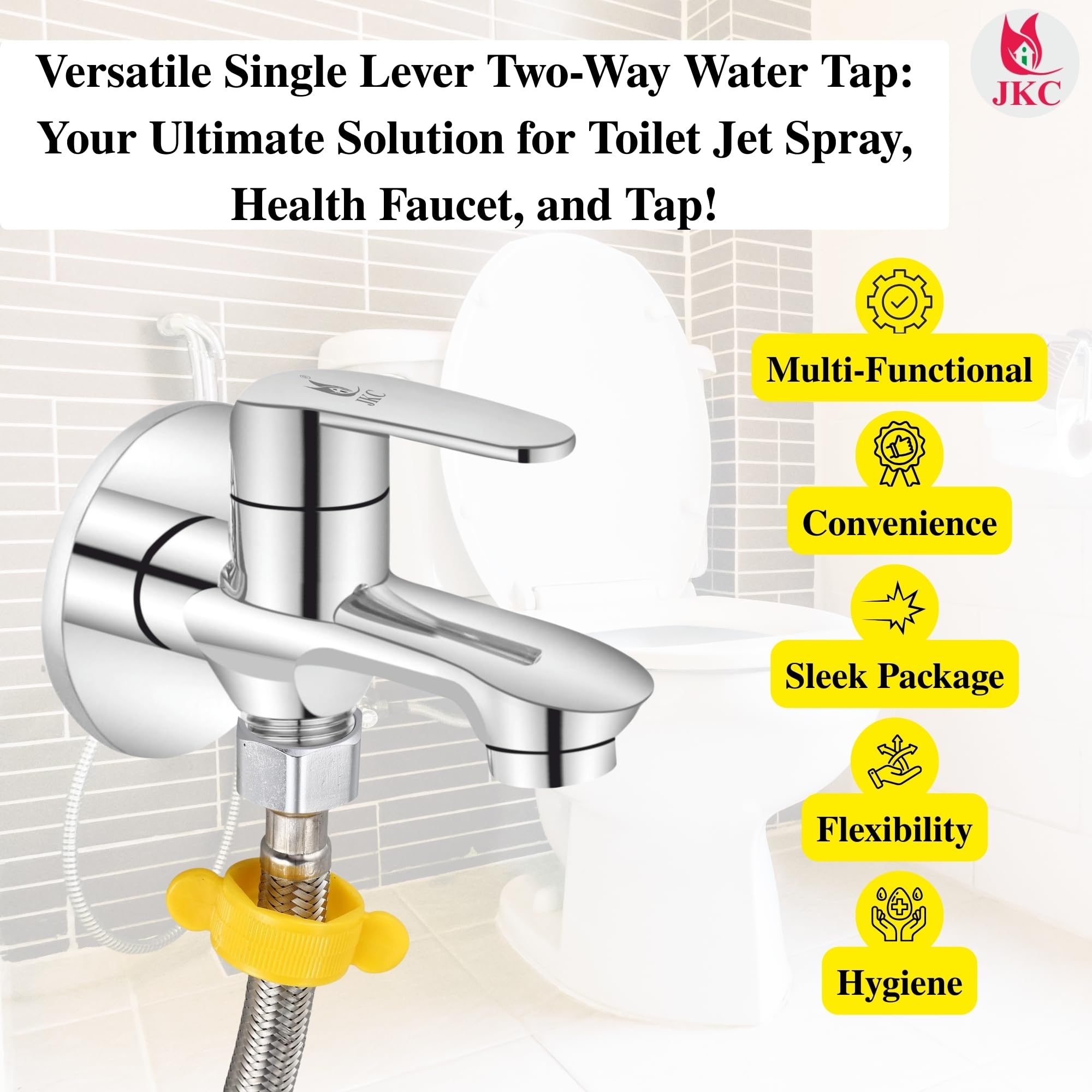 JKC Advanced Single Lever Two Way Bib Tap with Ceramic Cartridge, Dual Tap for Washing Machine, 2 in 1 Tap Functionality, Includes Wall Flange and Teflon Tape, Chrome Finished 3