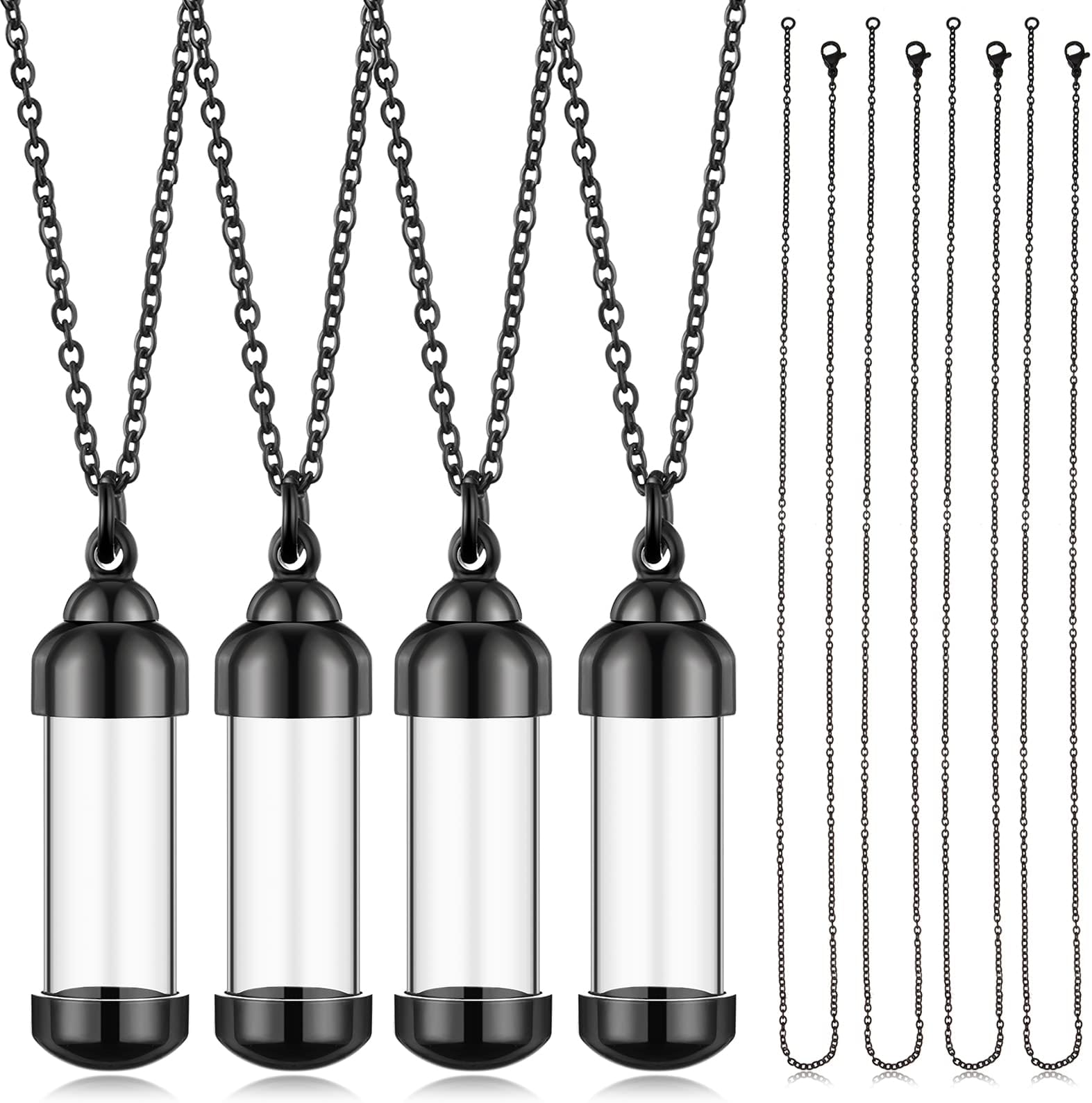 MTLEE4 Vial Necklace Pendant Set Include 4 Stainless Steel Glass Openable Container Vial Tube Urn Keepsake Cremation Memorial Ashes Holder 4 Snake Chain Necklace for DIY Jewelry Making (Black)