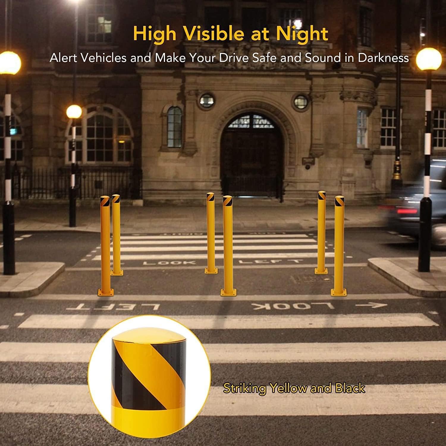 Garvee Poste Delimitador De Seguridad De Metal, Bolardo De Aparcamiento Con Base Perforada, Para Control De Acceso y Señalización, Acabado Amarillo Con Banda Negra, 11,4 x 91,4 cm, Pack De 6