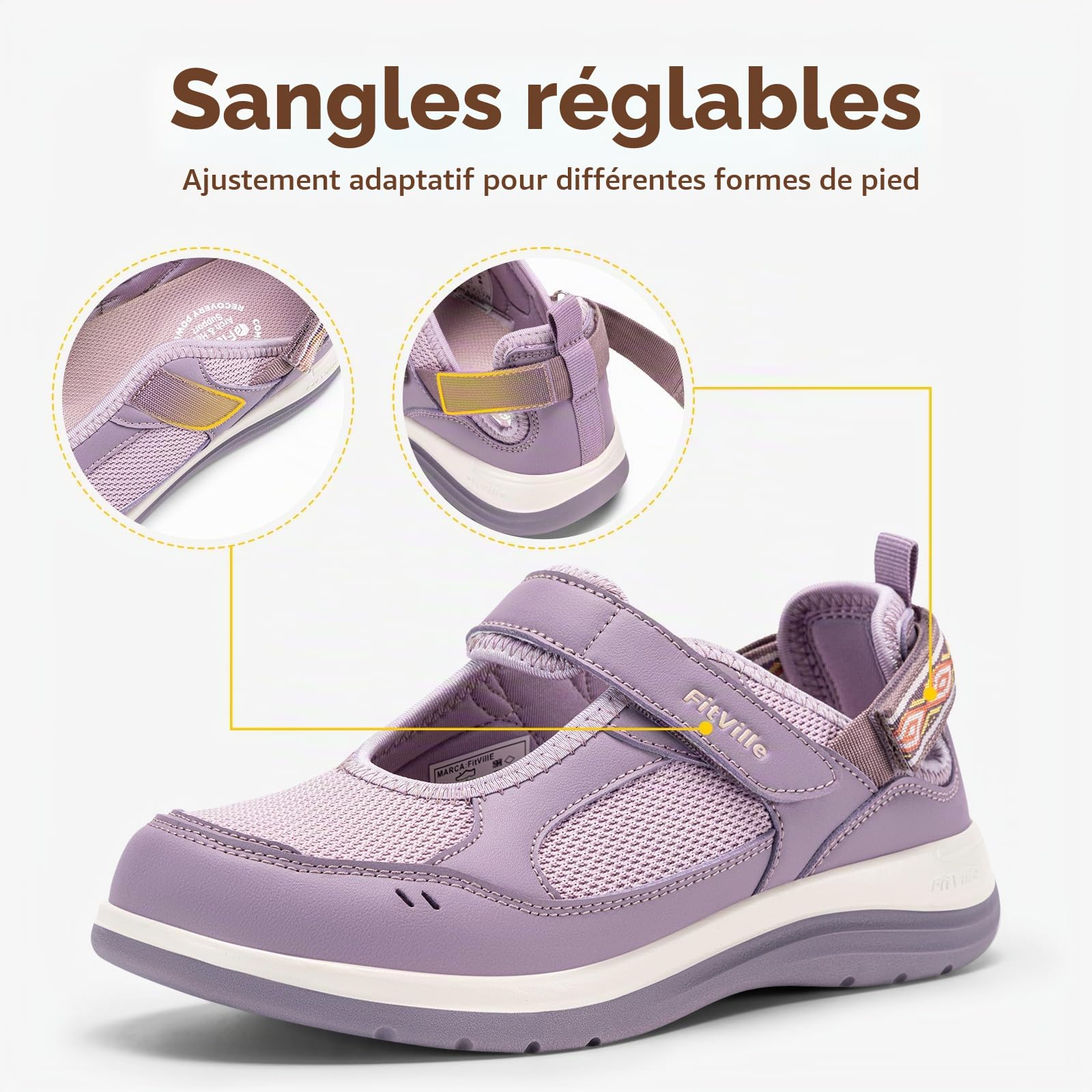 FitVille Sandales Mary Jane Femme Largeur Extra - Chaussures d'Été à Fermeture Réglable Légères, Respirantes pour la Marche et Les Vacances