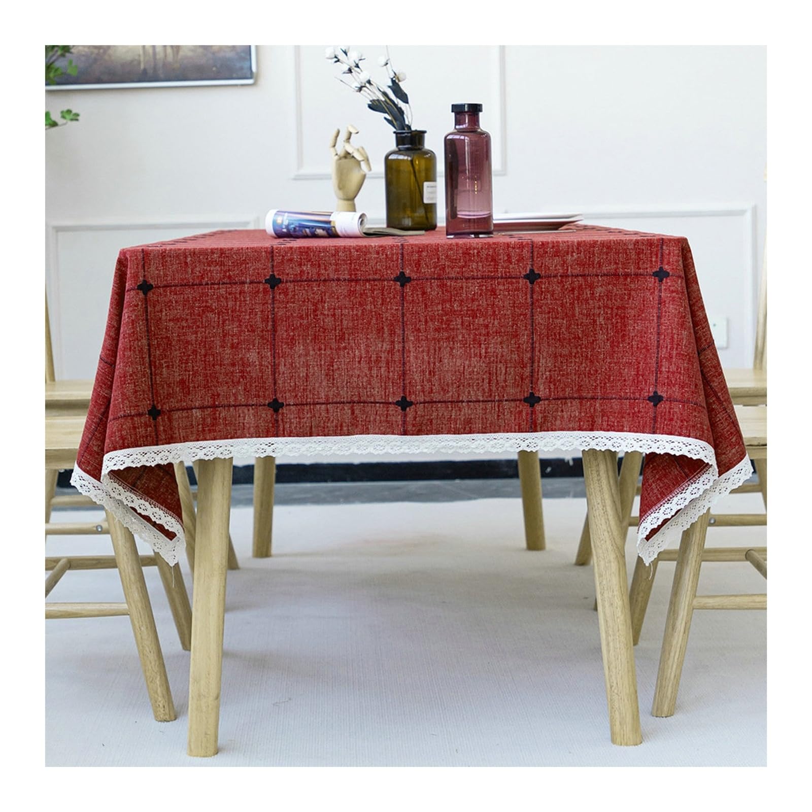 Nappe de table rouge à carreaux de décoration chic en dentelle fine
