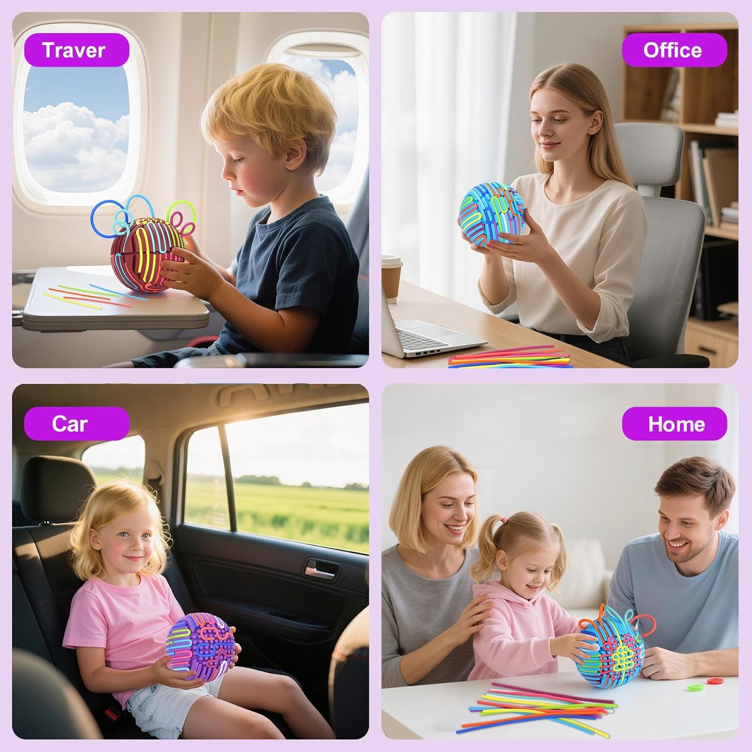 Silicone Sensory Activity Ball,Spherical Six-Sided Sensory Activity Board ,Fidget Toy for Calming, Stress, Anxiety, ADHD & Autism,Kids 3+ & Adults,with 20 Strings (Blue)