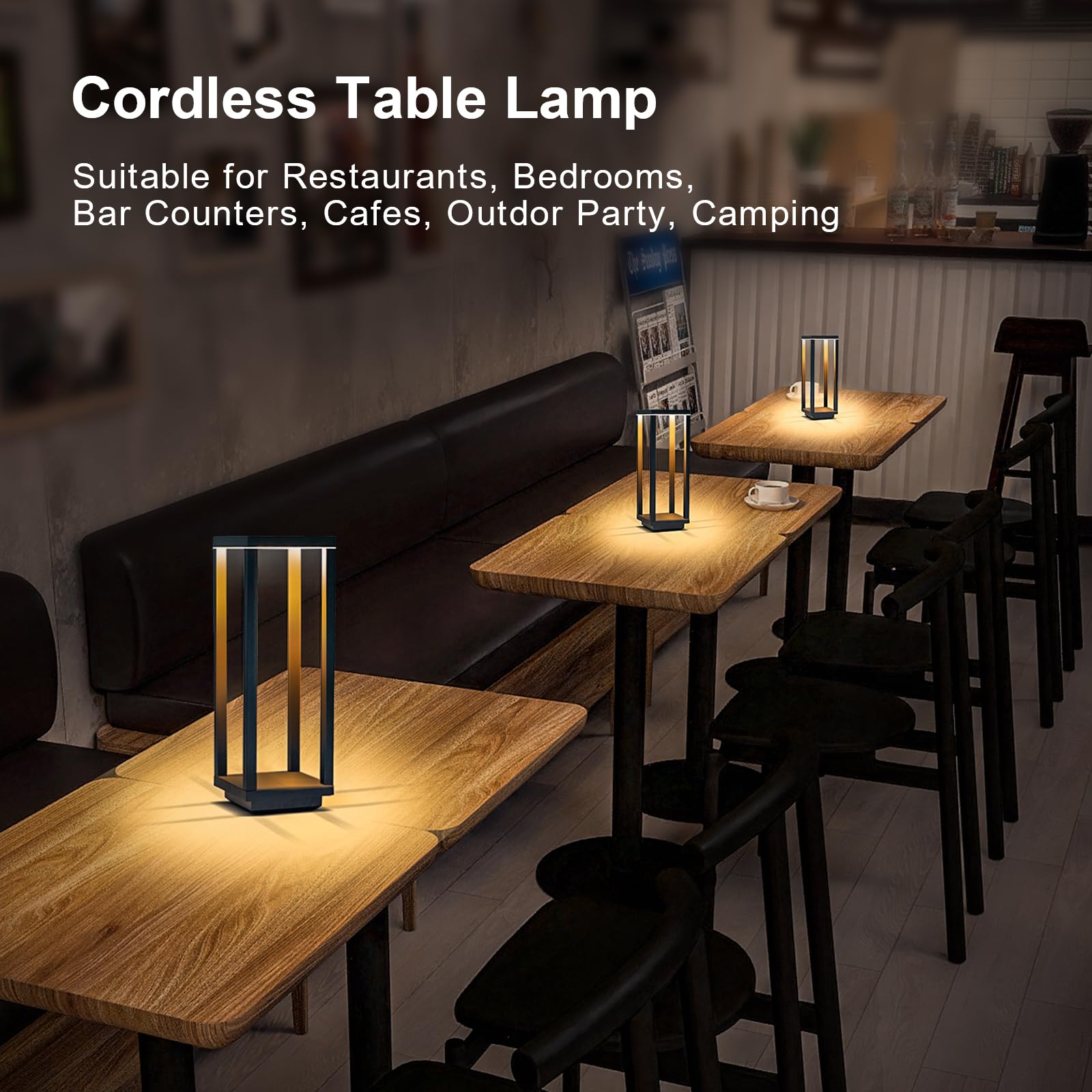 Kabellose Tischlampe, IP55 wasserdicht, 60 Stunden Laufzeit, wiederaufladbare Outdoor-Tischlampe, 3 Farben, stufenloses Dimmen, tragbare batteriebetriebene Tischlampe für Abendessen