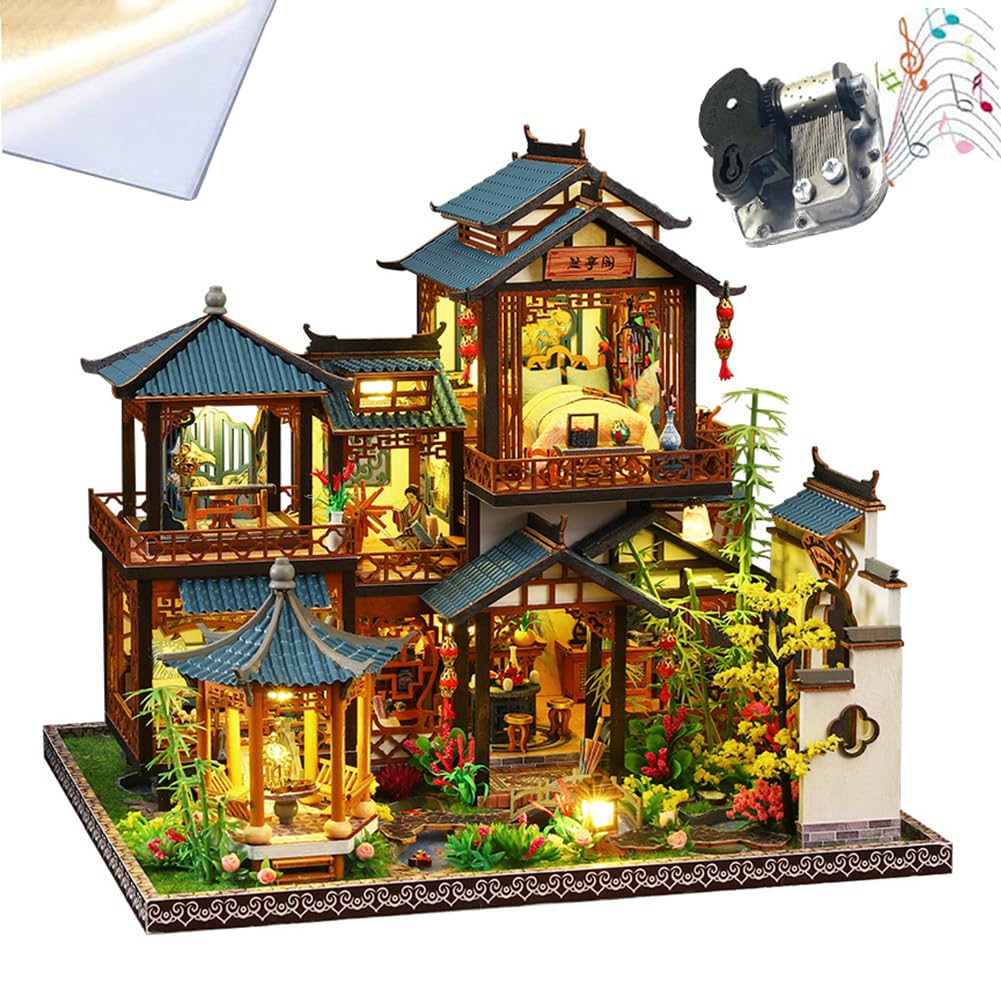 Zestaw małego domu zrób to sam, kreatywne akcesoria do domku dla lalek, drewniane puzzle 3D, mini ze światłami LED i meblami (z pokrowcem ochronnym)