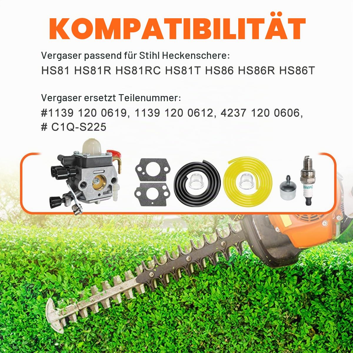 ZAMDOE Vergaser-Kit für Stihl HS81 HS81R HS81RC HS81T HS86 HS86R HS86T Heckenschere, ersetzt C1Q-S225, 4237 120 0606, 4237 120 0618, mit Dichtung Zündkerze Kraftstoffleitung Kraftstofffilter