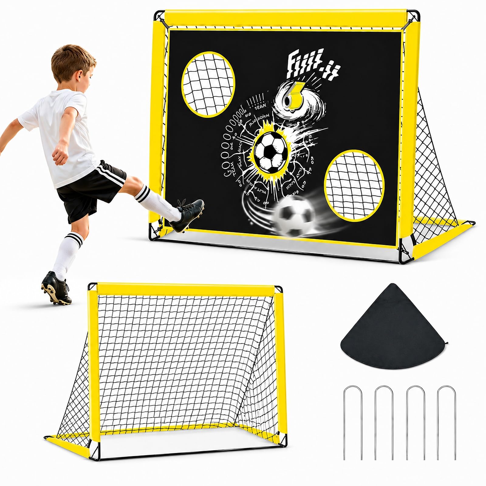 Porta da calcio per bambini, 2 in 1, porta da calcio, pieghevole, per giardino, bambini, con 4 chiodi da terra e borsa per il trasporto, colore: blu