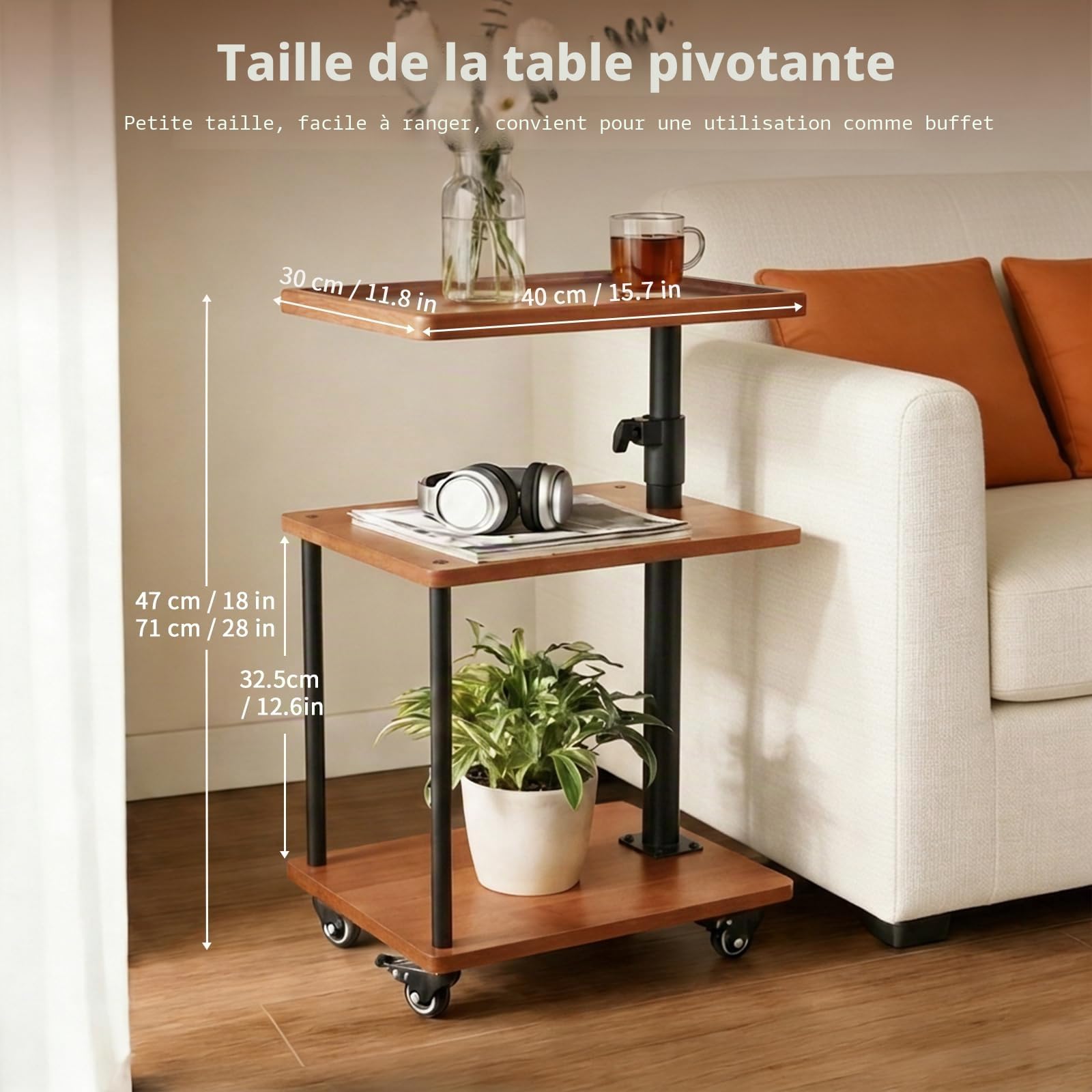 Table Roulante en Bois Massif Table d’Appoint Bout de Canapé Mobile avec roulettes et Freins Hauteur Réglable 47 71 cm Meuble de Rangement Naturel pour Salon Chambre Bureau