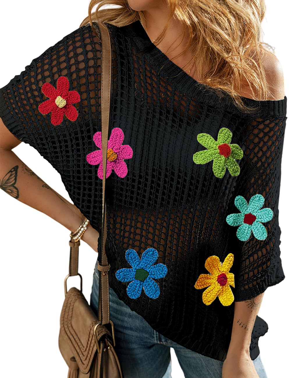 EcosunnyWomens Summer Crochet Tops Scoop Neck Short Sleeve Pullover Sweater Hollow Out Knit Tops Shirts Beach Cover Ups