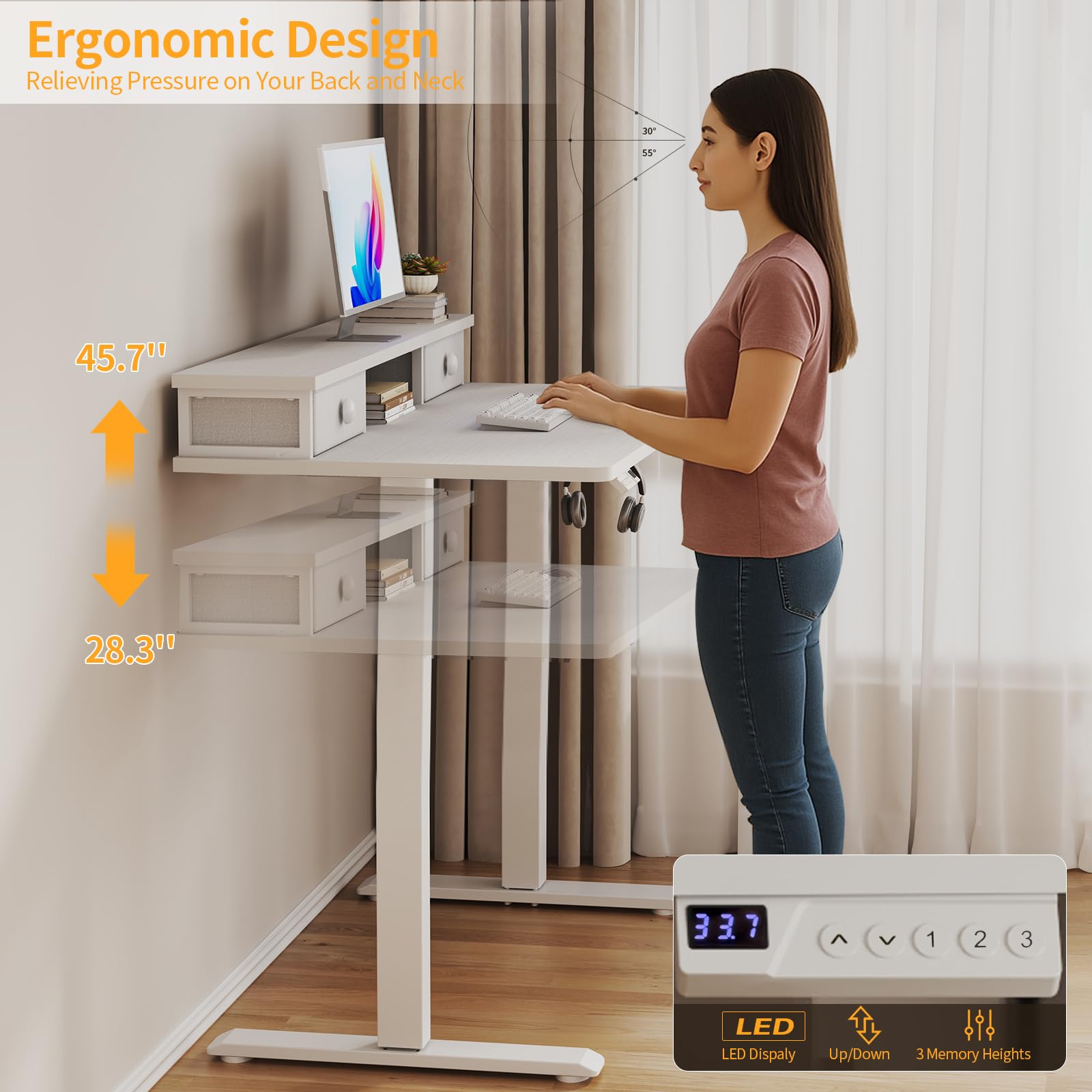 White Electric Standing Desk with Drawers - 40 Inch Small Standing Desk with Shelf Monitor Stand Storage Height — view 4