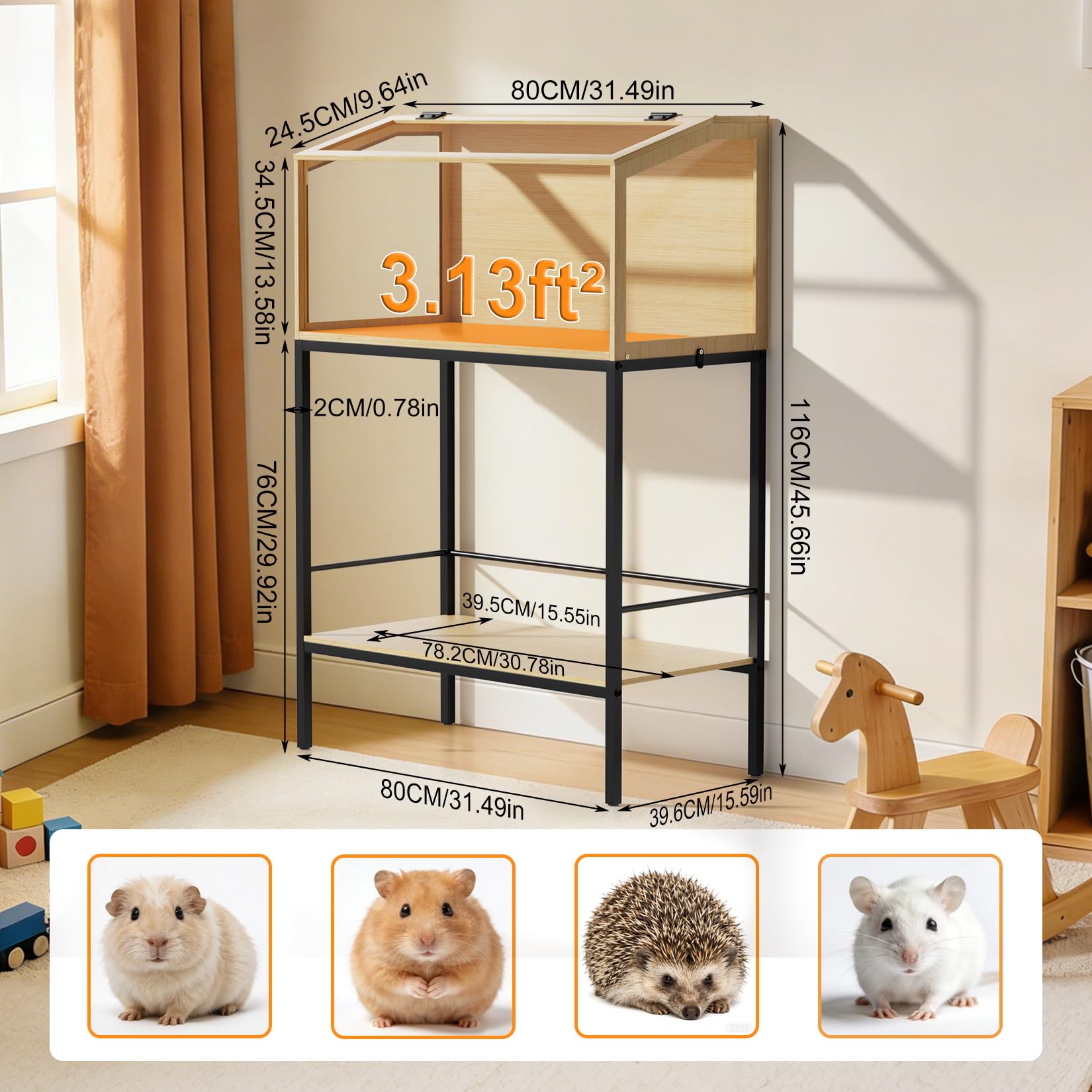 BingoPaw Hamsterkäfig Nagerkäfig aus Holz und Gehärtetes Glas