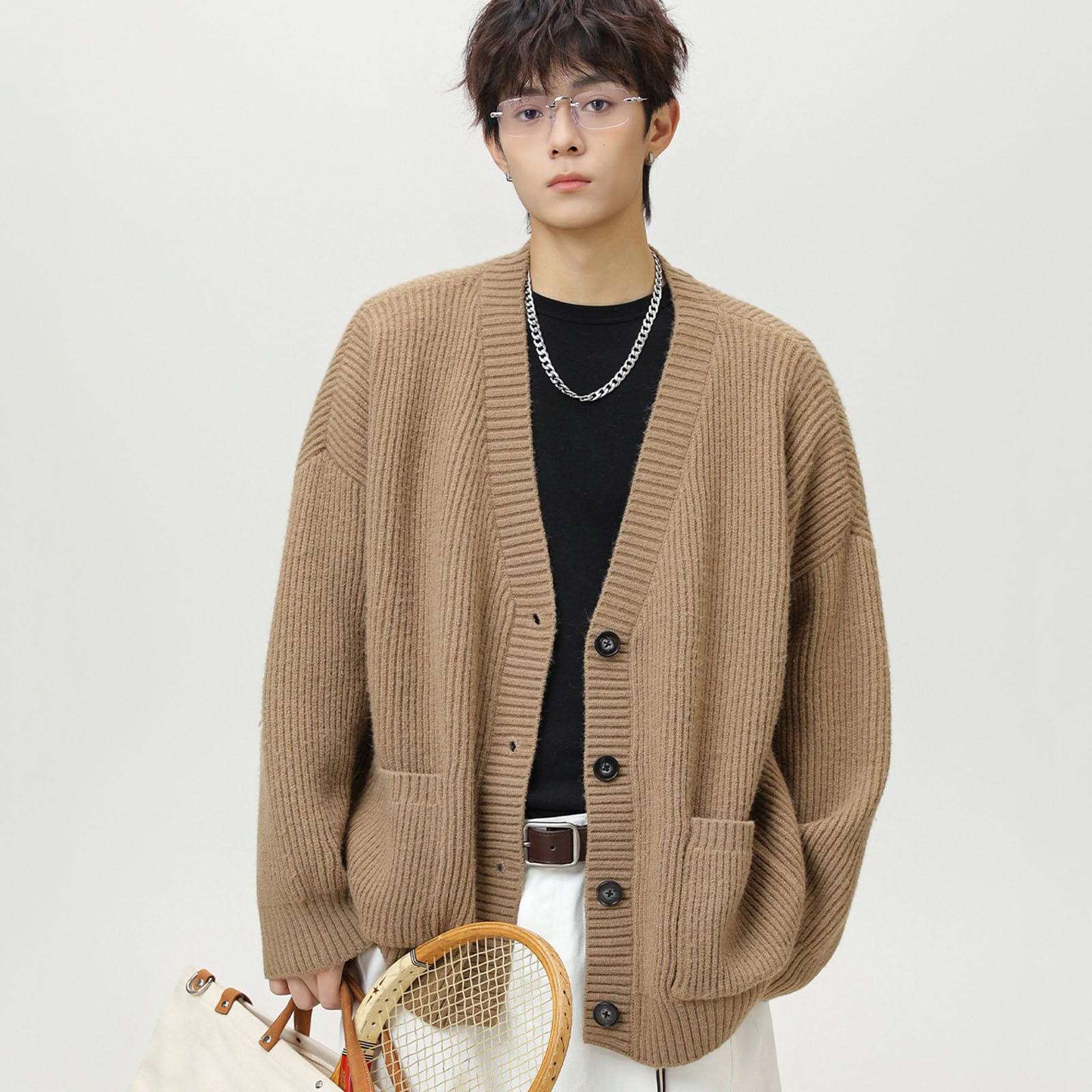 Cardigan Punto Hombre, Chaqueta Punto Botones Hombre Manga Larga con Un Solo Botonadura con Bolsillo Abrigo Color Sólido Informal con Botones Suéter Grande Chaqueta De Entretiempo De Punto
