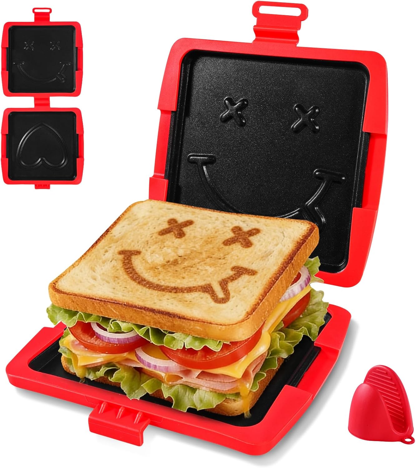 Microwave Sandwich Maker with Heart & Smiley Face Grill Marks, Crispy Grilled Cheese Maker & Sandwich Press for Microwave, Non-Stick Toastie Pan for Bacon & Panini, Dorm Room Essentials & Office Lunch
