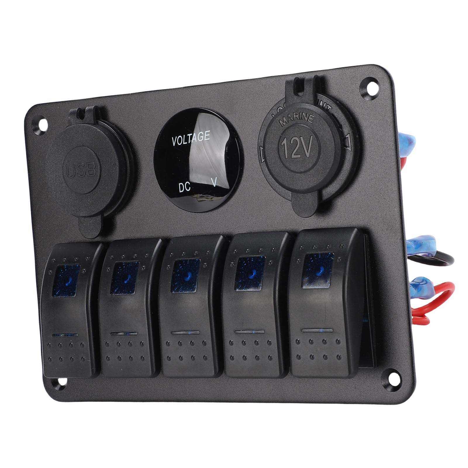 Generic 5-kanałowy panel przełączników kołyskowych, aluminiowy panel przełączników morskich z dwoma portami ładowania USB i miernikiem napięcia, podświetlany na niebiesko