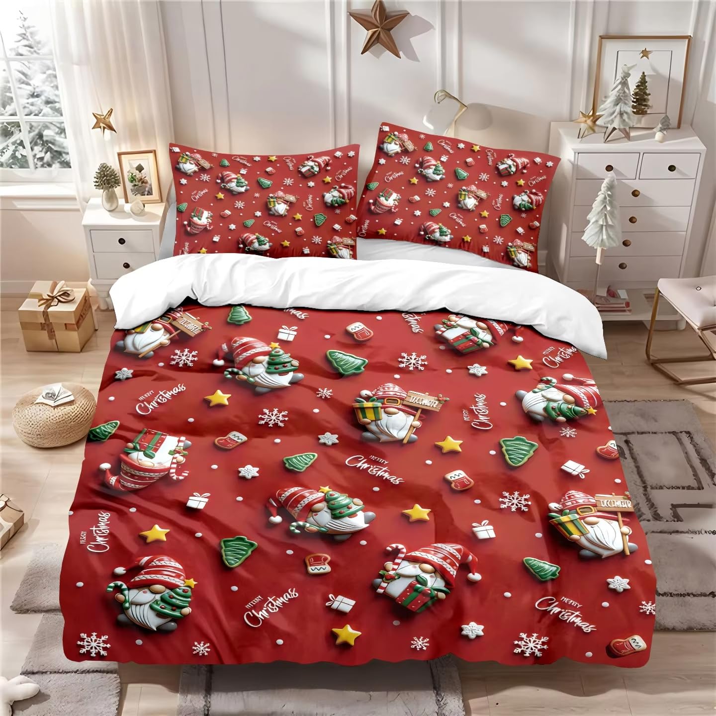 Parure de lit 260x240 Noël rouge avec housse de couette microfibre imprimé sapin
