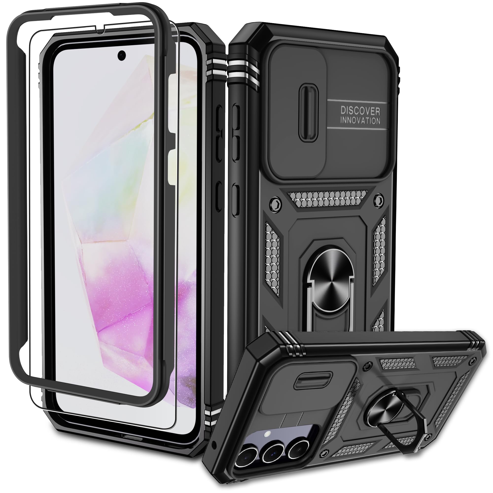 Pilaru Samsung Galaxy A35 Hülle, A35 5G Kameraschutz Handyhülle mit 1 Stück Schutzfolie, 360° Drehhalter Ring Schutzhülle Militär Stoßfest Kratzfest Outdoor Handy Hüllen für Samsung A35-Schwarz