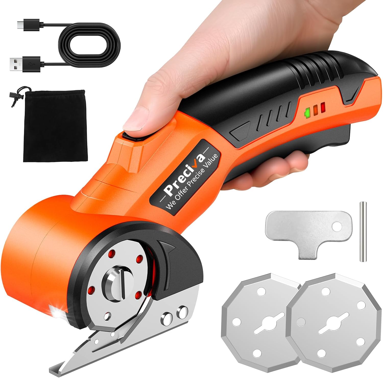 Cordless Electric Fabric Cutter 3.6V – Cuts 8mm Cotton&Leather, Rechargeable with SK5 Blade, Continuous Run Mode, Safety Lock,LED,Fast Type-C Charging, for Sewing, Quilting, DIY, Home(2 Spare Blades)