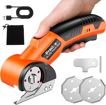 Cordless Electric Fabric Cutter 3.6V Cuts 8mm Cotton&Leather, Rechargeable with SK5 Blade, Continuous Run Mode, Safety Lock,LED,Fast Type-C Charging, for Sewing, Quilting, DIY, Home2 Spare Blades