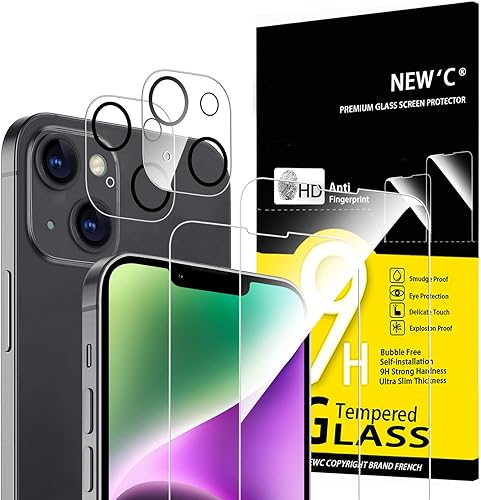 NEW'C Paquete de 4, 2 protectores de pantalla para iPhone 14 (6.1 pulgadas) + 2 protectores de lente de cámara, protección de sensor, película de