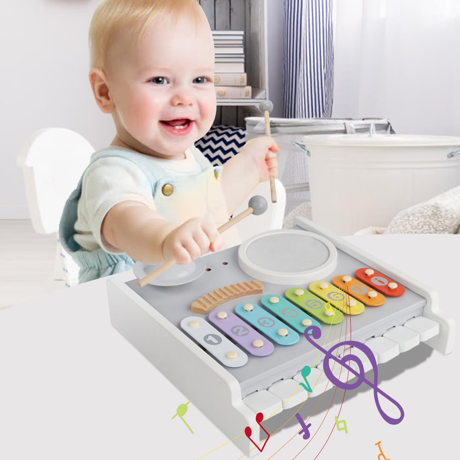 Xilófono Infantil Juegos Educativos De Madera | Juego de Xilófono y Tambor para Niños Juguetes Musicales para Cumpleaños Navidad Educación Coordinación Mano-Guardería