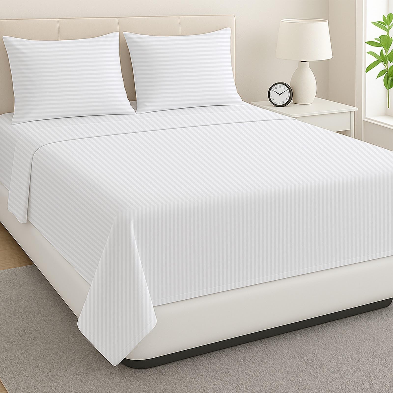 ARlinen Super Single Waterbed Sheet Set - 4 Piece, 100% Cotton, 15 Inch Deep Pockets, Attached Design, Extra Soft Stripe White Bed Sheets