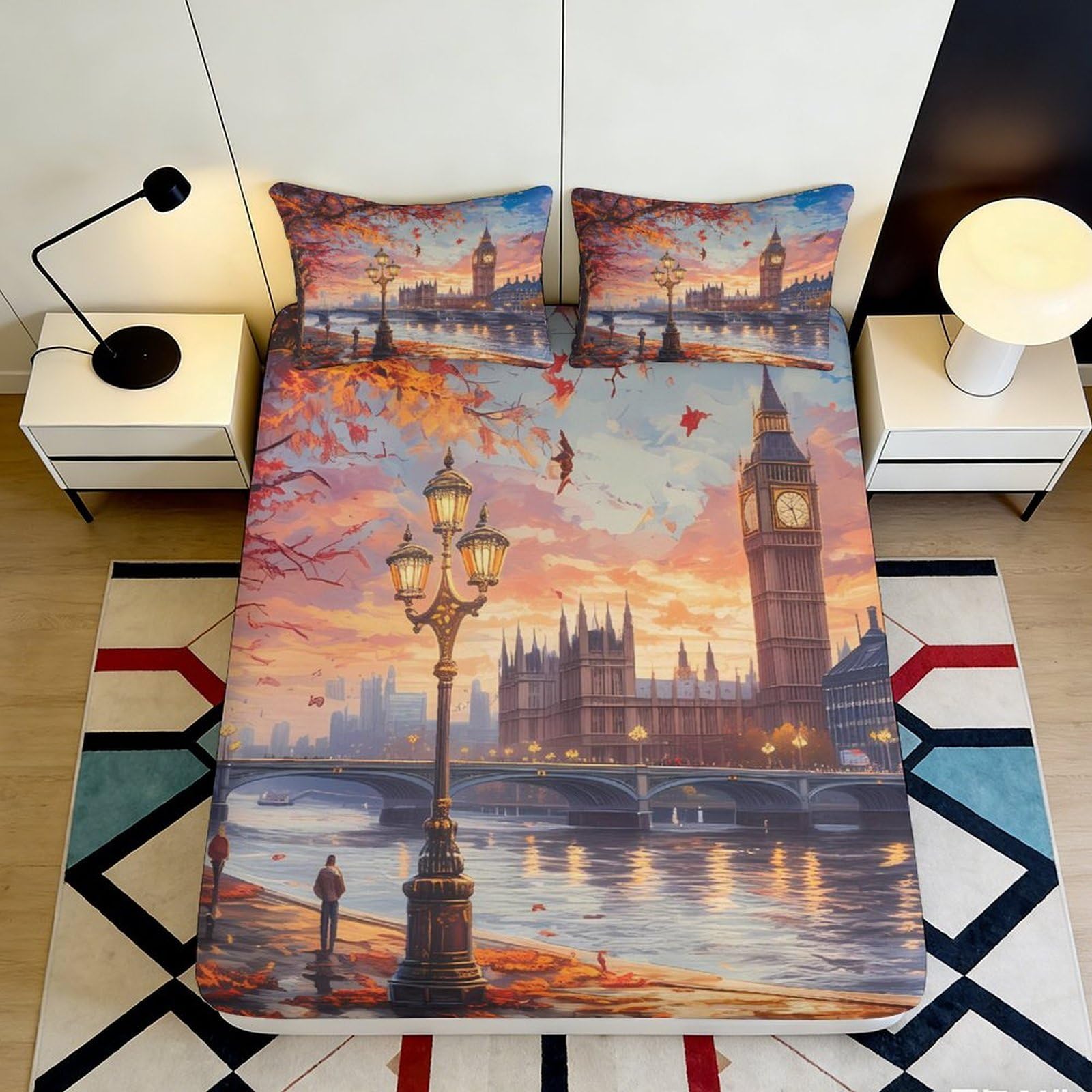 3D Printed London Scenery Fitted Sheet Microfiber Deep Pocket Non-Slip London Theme Mattress Fitted Cover for Bedroom 200x200x25cm 90x200x25cm