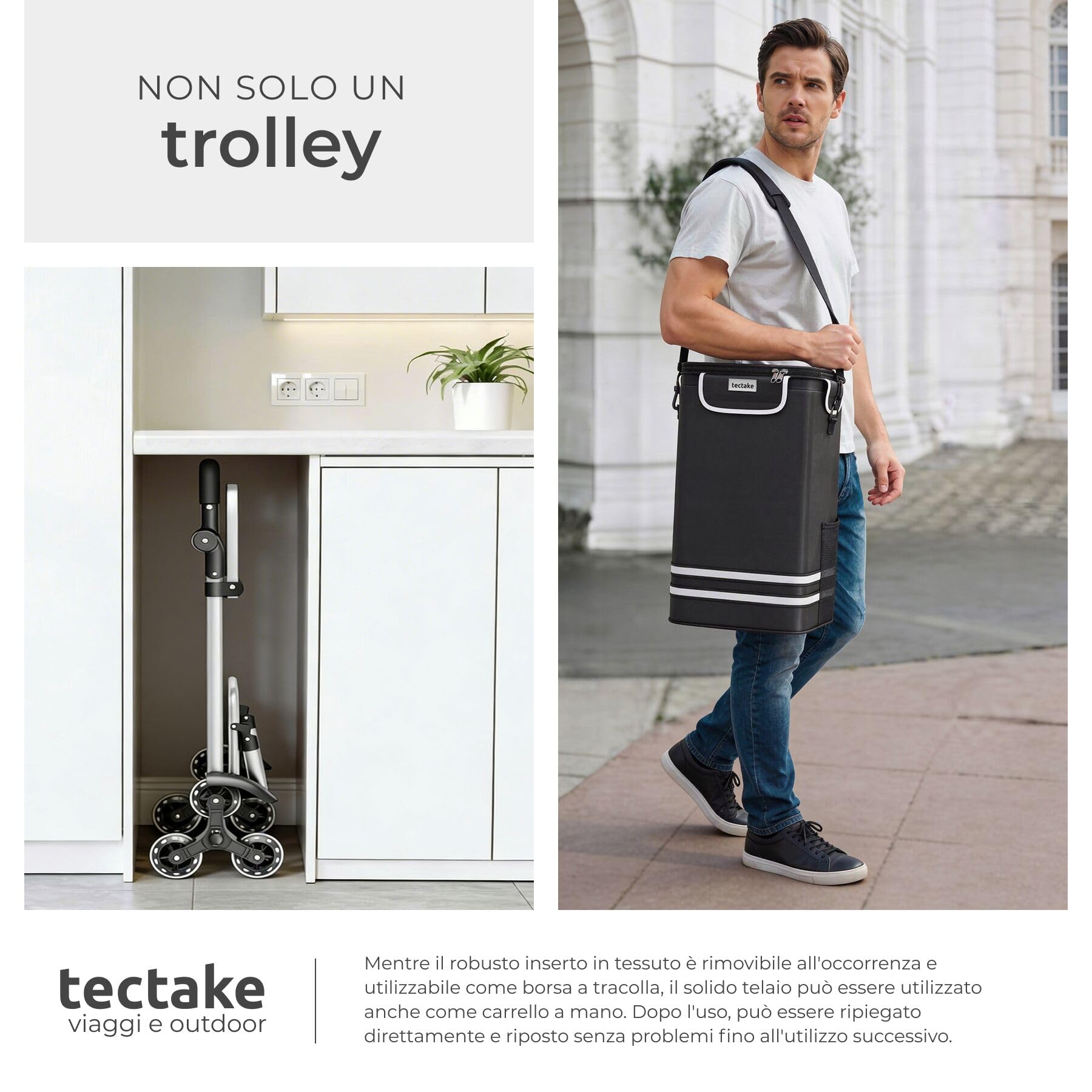tectake® Carrello Spesa Shopper 3 in 1, Trolley Pieghevole con Borsa Termica per Surgelati, Carrello con Ruote Portatutto, Carrellino Spesa Con Ruote a Stella, Capacità max 30 kg / 56 L - Nero