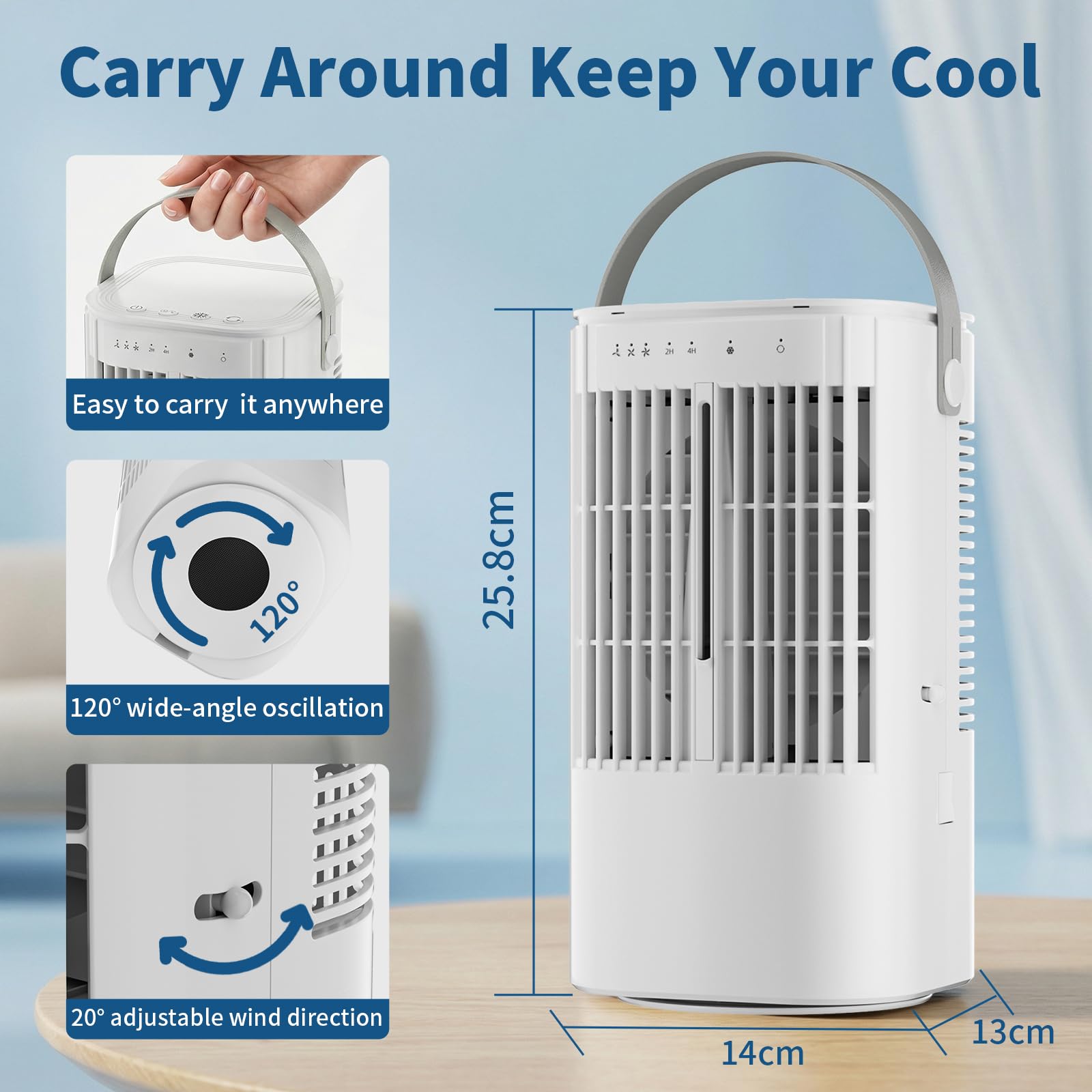 Climatiseur Mobile 4-en-1 1000ML, Rafraîchisseur d'Air Portatif Sans Évacuation, Ventilateur Brumisateur avec Oscillation 120°, Minuterie et LED 7 Couleurs, pour Bureau, Chambre, Camping