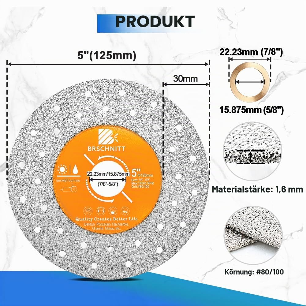 Steinplatten-Schleifscheibe 125MM Glasschneidescheibe (5 Stück), Granit-Trennblatt, Diamant-Schleifscheibe für Steinplatten, Stein, Fliesen, Marmor, Granit, Glas, Diamant-Sägeblätter
