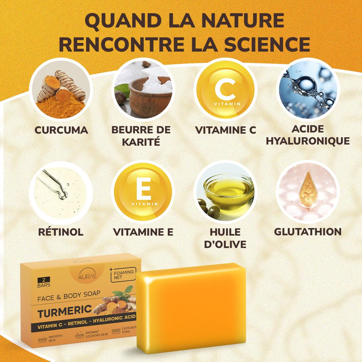 Savon Curcuma Visage contre les Taches, Éclaircissant & Hydratant, Doux Visage & Corps, Vit. C, Rétinol, Ac. Hyaluronique, Beurre de Karité, Huile Olive & Vit. E, Sans Parabènes & SLS(100g x 2 Savons)