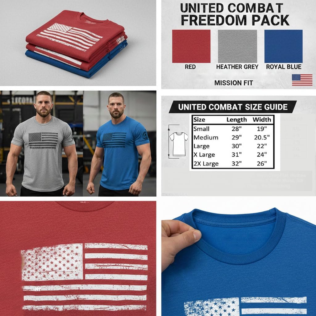 United Combat Men’s 3-Pack Patriotic T-Shirts - American Flag Fit Graphic Tees - Military Style Blend Multi-Pack