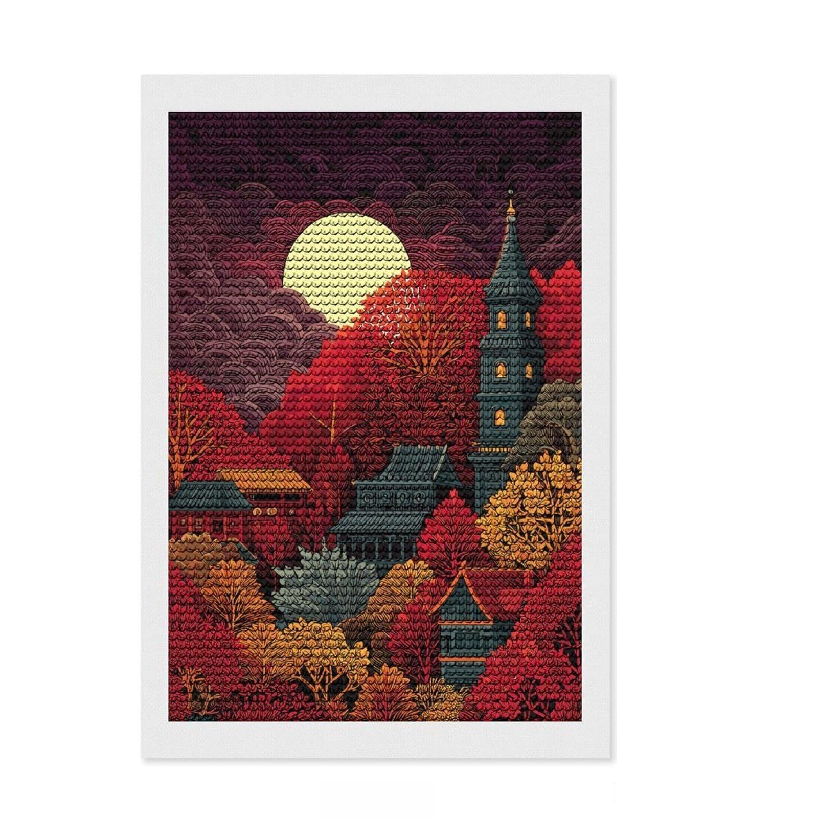 Junmoney Japanese Landscape with Pagoda and Moon Full Drill Diamond Painting Kit 8"x12", Finish and Display, Creative Leisure Activity, Boho Decor, Birthday Gift