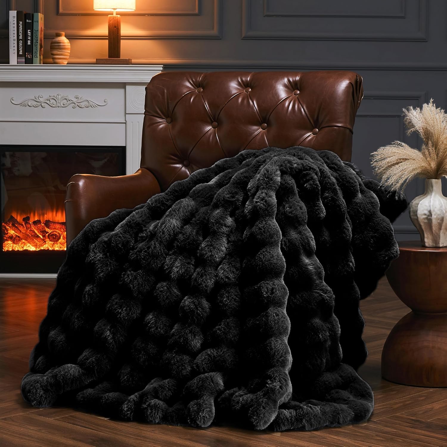 YBIKE Faux Rabbit Fur Throw Blanket, Fuzzy Soft Plush Bubble Blanket 150 x 130cm, Luxury Warm Reversible Decorative Blanket for Bed, Sofa, Couch, Armchairs (Black) — image 1
