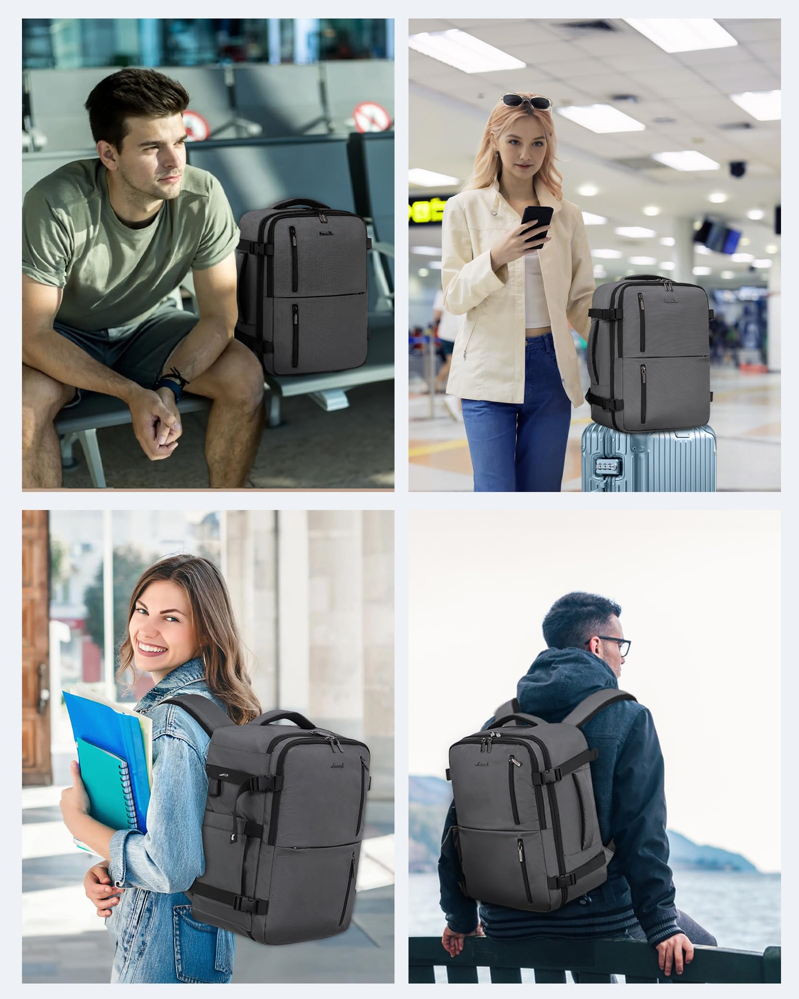 LOVEVOOK Sac a Dos Voyage Avion 40x30x20, Bagages Cabine, Bagage à Main Valise 24L, Port USB, Femme Homme, Ordinateur Portable 14 Pouces, Travail, Affaires, Gris