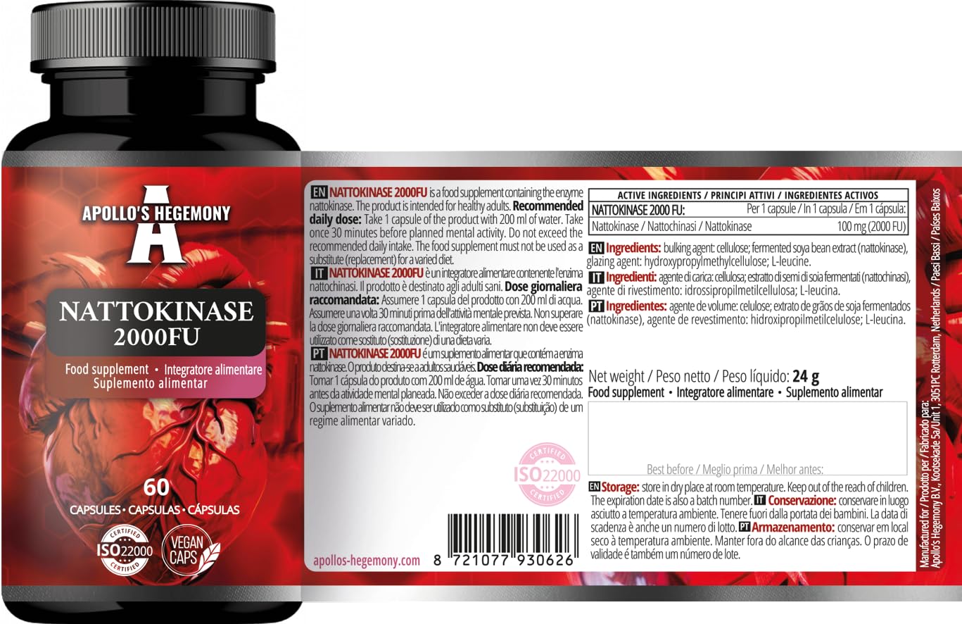 Nattokinase High Strength 100mg (2000 FU) - 60 vegane Kapseln - 2 Monatsvorrat - Enzyme aus fermentierten Sojabohnen - zur Unterstützung der Kreislaufgesundheit - von Apollo's Hegemony