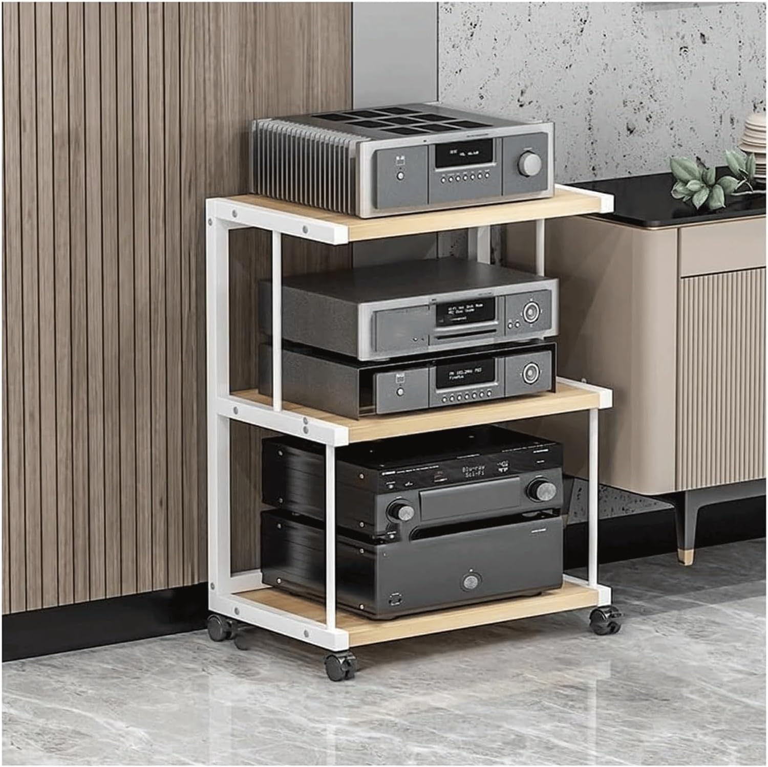 AV Media Stand 3/4 Tier Audio Tower Rack with Wheels Audio-Video Shelving Wooden Media Storage Shelves Stereo Stand Stereo Rack(White,70cm)