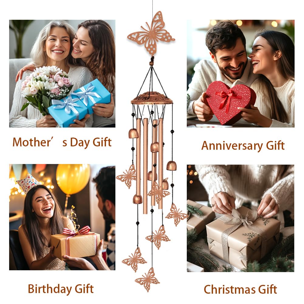 INFUNLY 7 Stück Schmetterlings Windspiele Für Draußen 5.5" × 5.4" Schmetterlinge Metall Windspiel Aluminiumrohr Windspiel Mit Kleinen Glöckchenröhren Gedenk Windglocke Für Hof Gartendekoration