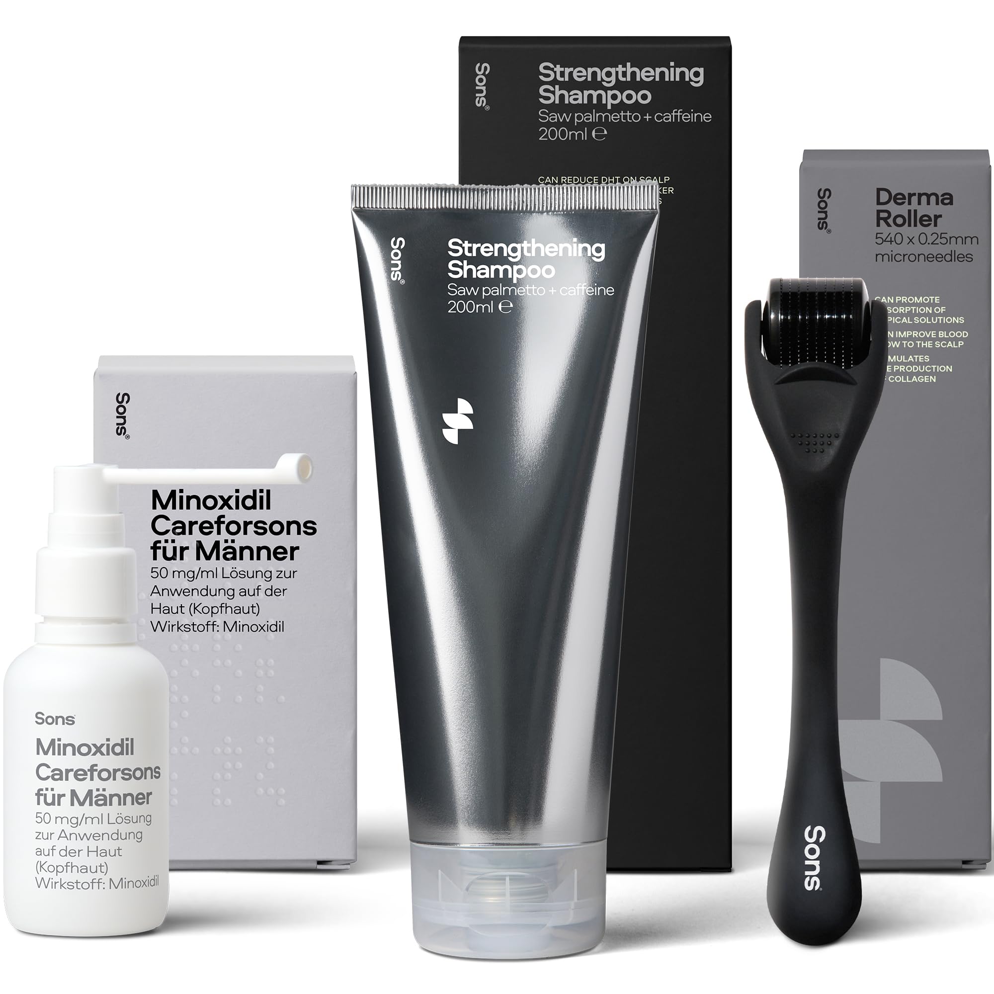 Sons Minoxidil 5% Lösung, Haarwachstum Shampoo & Dermaroller für Männer | Klinisch Bewährt, Ergebnis nach 3 Monaten, DHT-Blocker, Zitrusduft, Dermaroller Fördert die Aufnahme, 1-Monats-Vorrat