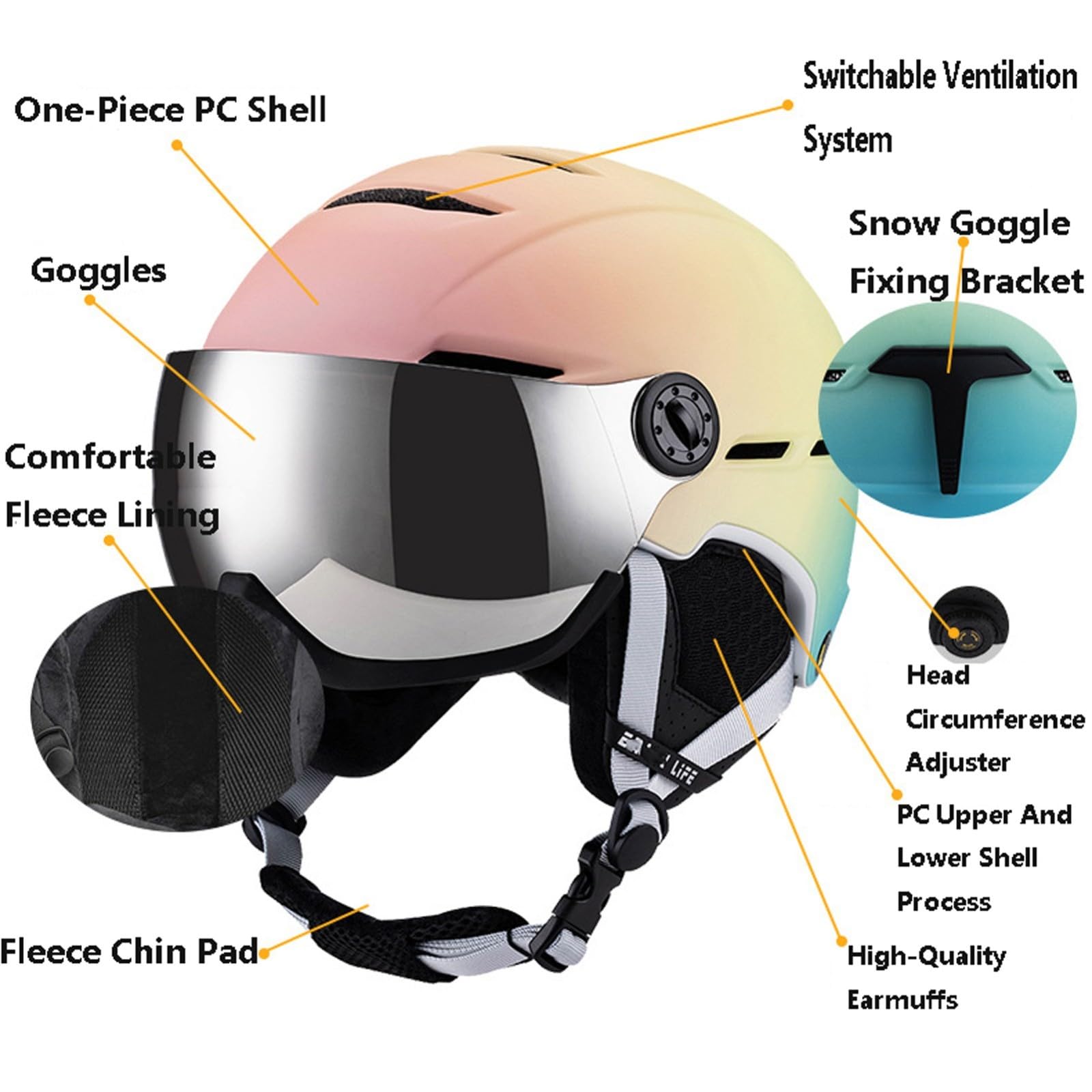 Casco de Snowboard para Hombres/Mujeres, Casco de Esquí con Orejeras Desmontables, Desmontable, Integrado Gafas Protectoras 04,M