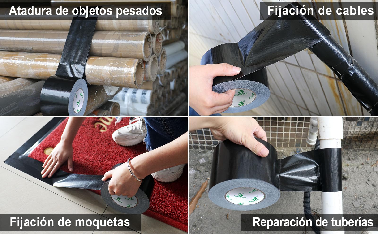 BOMEI PACK Cinta adhesiva americana 100mm x 50 m, negro cinta impermeable de tela de para reparaciones, bricolaje, manualidades, uso en interiores y exteriores