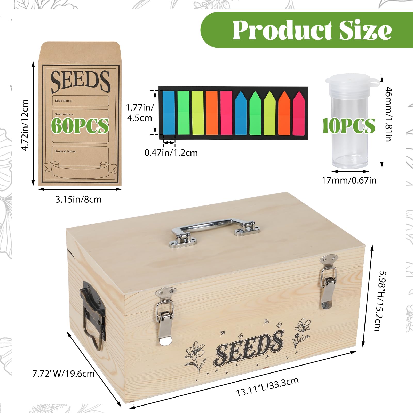 Boîte de rangement pour semences, en bois, avec 60 enveloppes de semences, autocollants et 10 bouteilles en plastique, rangement de semences avec séparateurs amovibles pour graines de légumes