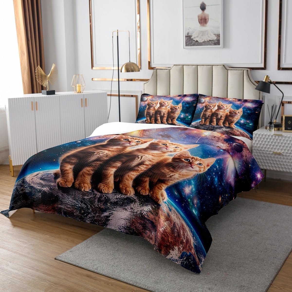 jejeloiu Cute Cat Bedspread Funny Kitten Bedspread Set for Kids Boys Girls Universe Galaxy Cats Coverlet Set Cat Lovers Quilted Bedroom Collection 3Pcs Queen Size