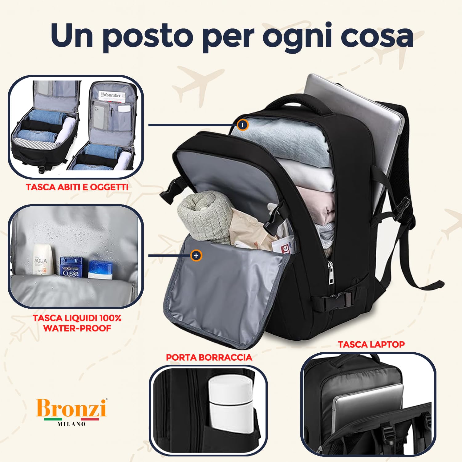 Bronzi® Zaino Ryanair compatibile 40x20x25 Zaino da Viaggio Aereo Bagaglio a Mano compatibile Ryanair | Wizzair 20L Piccolo Borsa da Cabina per Voli Borsa da Viaggio Aereo Zaini Casual Porta PC,Nero