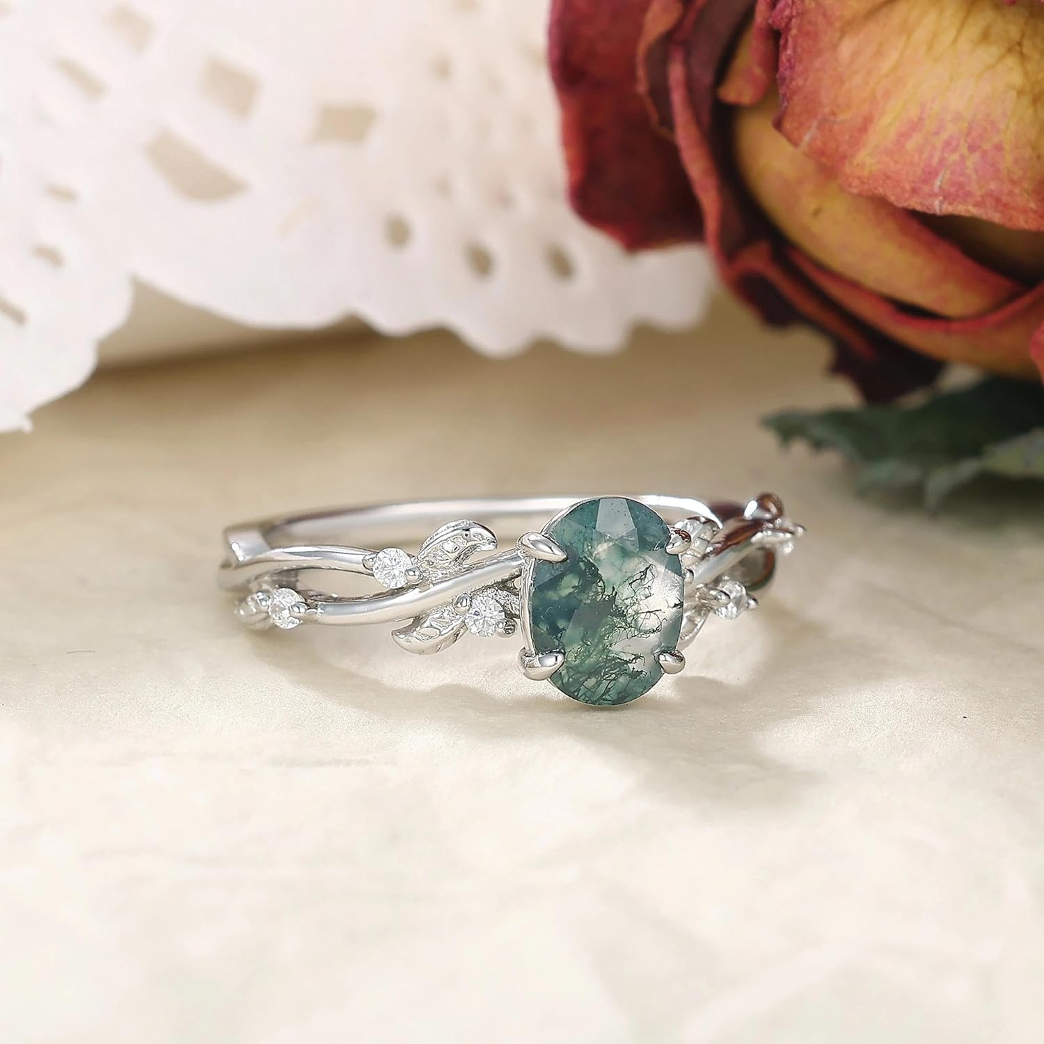 Art Deco Natural Moss Agate Ring for Women 925 Sterling Silver Black Rutilated Quartz Gemstone Wedding Engagement Promise Ring for Her Size 4-9