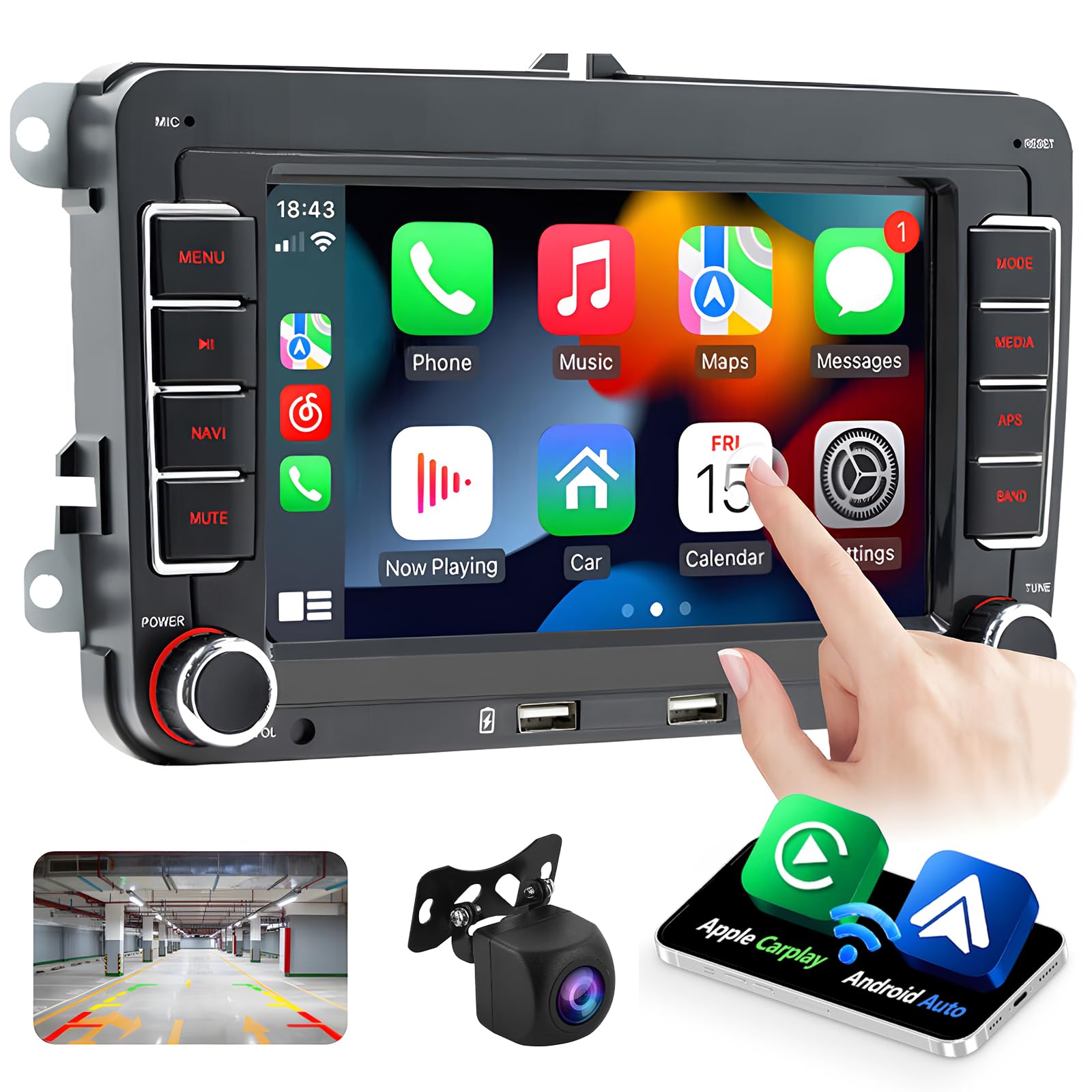 Hikity 2+32GB Android Radio de Coche Wireless Carplay para VW Golf Skoda Polo Passat Tiguan Touran Seat Pantalla Táctil 7 Pulgadas Radio con GPS, WiFi, Android Auto, Bluetooth, FM RDS, Cámara Trasera